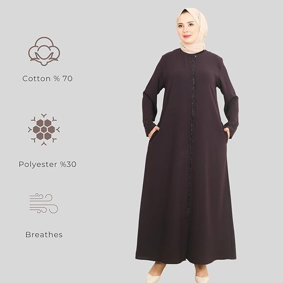 Abaya for Muslim, Zipper and Stone Details, Long Sleeve Dress Islamic Kaftan XXL - Picture 5 of 5